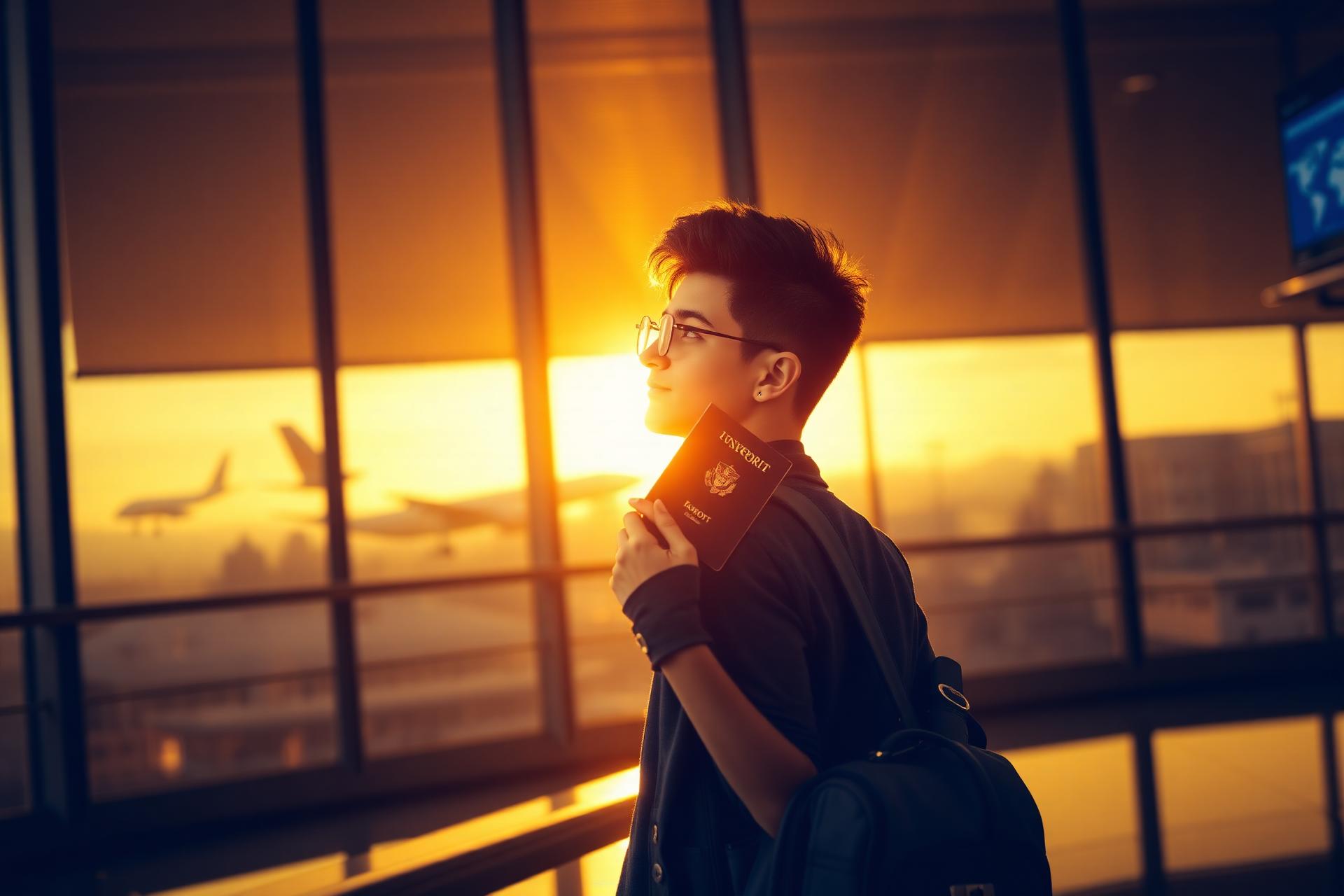 Student at airport heading abroad